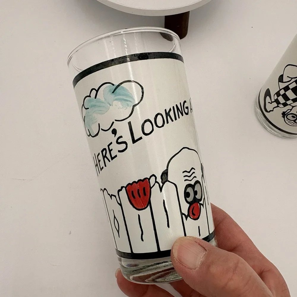 3 Vtg MCM Roving Eye Barware 10 oz Glasses Bottoms Up Here's‎ Looking At You
